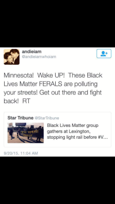 blacknsioux:  bitterbitchclubpresident:  sipsomelean:  This lady, Andie Pauly (married to a police officer) is a racist. She calls all black people “thugs” and “ferals”, she is against all POC and thinks that “#blacklivesmatter” is just a