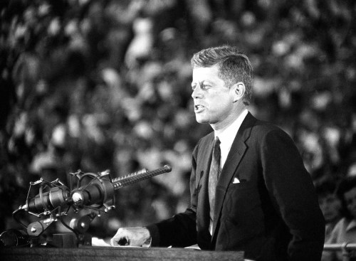 Senator John F. Kennedy is mobbed by well-wishers upon his arrival atLos Angeles International Airpo