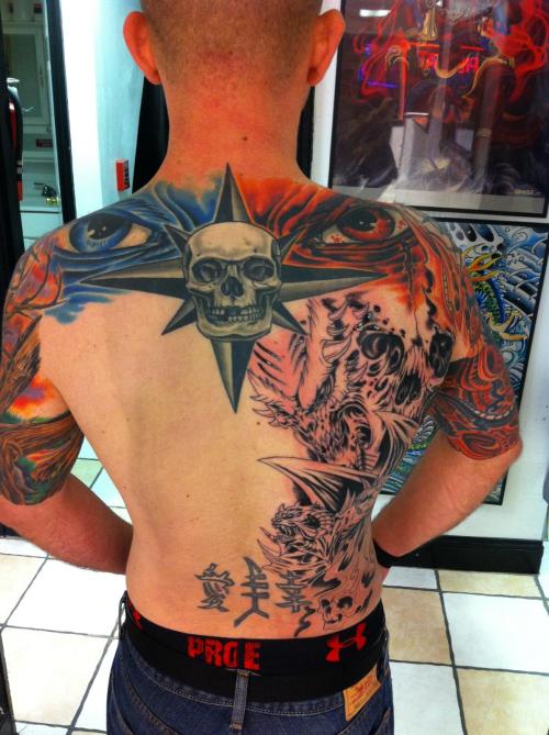 wordsmatty:  The progression of my back piece so far.  More work on Sunday! 