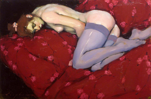 Malcolm T Liepke (American, b. 1953, Minneapolis, MN, USA) - Rose Bedspread  Paintings: Oil on Canva