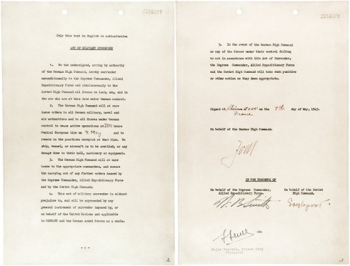 The Instrument of Surrender signed by German officials on May 7, 1945, bringing the European phase o