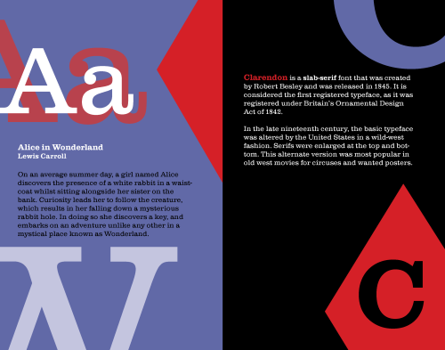  Wonderland: Clarendon Specimen [2016]  Objective: Create a book of the Clarendon typeface with the 