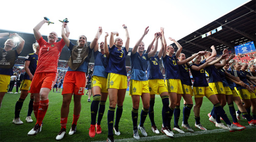 Players of Sweden celebrate after the match vs. Germany