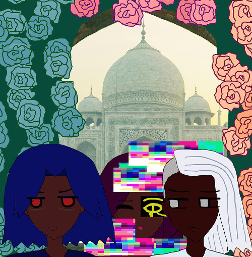 the triplets are in front of the foggy taj mahal which has white-and-blue-green tones and usual rounded rooftops and square front with teardrop doors and windows. the rose arch is a blue-green, pink and orange rose arch similar to armando and ranvir's in their older age rose arch art.