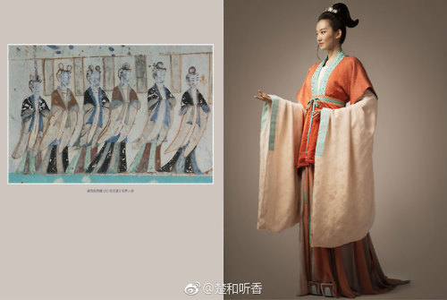 dressesofchina:Recreated Tang-dynasty outfits based on cave paintings / murals from mostly the Mogao