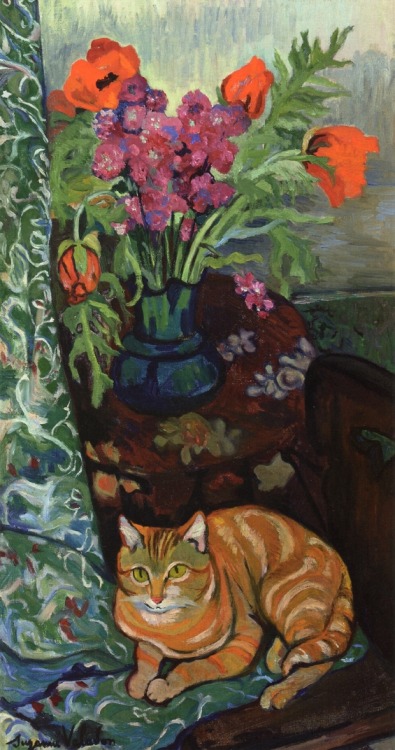 Cat Lying in front of a Bouquet of Flowers, Suzanne Valadon