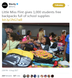 hustleinatrap:   10-year-old Amariyanna “Mari” Copeny, who is also known as Little Miss Flint, worked with the nonprofit organization, Pack Your Back, this week to help distribute school supplies to students within her hometown of Flint, Michigan. 