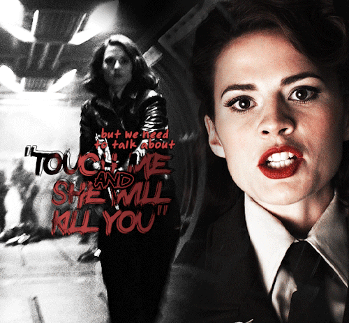 Gif #02 of 2. Gif of Peggy Carter from the Marvel Cinematic Universe. The text says "but we need to talk about 'touch me and she'll kill you". End ID.
