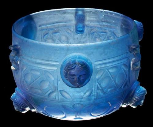 historyarchaeologyartefacts:Roman Glass Cup with Medallions, From the Rhine Valley, C. 1st Half of t