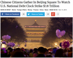 theonion:  Chinese Citizens Gather In Beijing Square To Watch U.S. National Debt Clock Strike ย Trillion