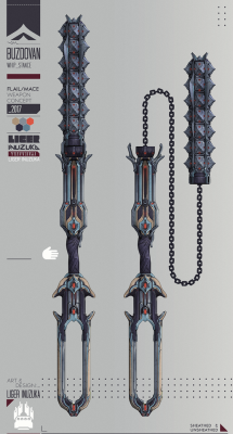 the-liger-art:  Warframe: Buzdovan - Tenno Flail Weapon Design  by Liger Inuzuka Initializing artist’s comments…A Tenno faction flail/mace melee weapon design created for the Warframe design contest due on March 30th, 2017.  Artstation Project  The