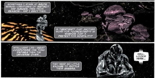 Silver Surfer: In Thy Name #2Sometimes I stare at brute beings – creates of instinct and hunger, fre