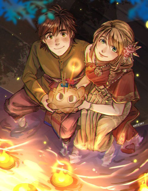 kadeart:  Hiccup & Astrid in Loy Kratong Festival ^_^  (with    traditional Thai costume)