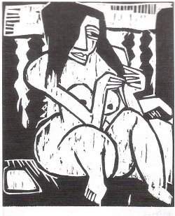 the-paintrist:  german-expressionists:  Karl Schmidt-Rottluff, Sitzender weiblicher Akt (Seated Female Nude), 1913   Woodcut—occasionally known as xylography—is a relief printing artistic technique in printmaking in which an image is carved into