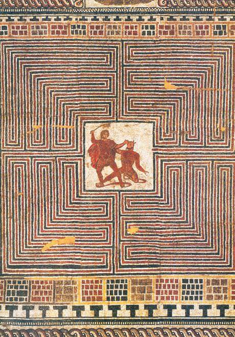 Roman mosaic, showing the legendary Minotaur, his labyrinth prison, and the hero Theseus who found t