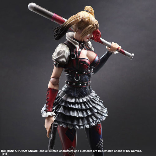 toysandstuff:  Play Arts Kai Batman: Arkham Knight Harley Quinn figureThe figure will include three sets of swappable hands,  two interchangeable head sculpts, a police cap, a stylized baseball bat,  a pistol, and a figure stand. The interchangeable heads