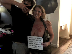 sexymaywaters:  mayoutandabout: I arrived at the motel and was led in by my husband with a blindfold on.  I was allowed to take it off to take the first picture with him for MissJenni.  Then he put it back on and preparded me for his use.  He wrote cum
