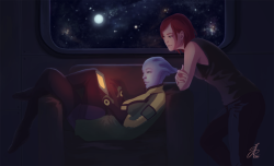 aleurain:I wanted to try different style, so here is my next painting of Shepard and Liara. Maybe I will animate it someday :3