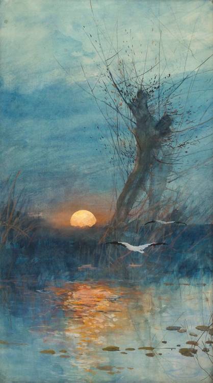 fravery: Maurice HagemansCoucher de soleil sur l'étang avec cigognes (1917) watercolor
