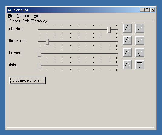 A VB6 dialog box running on XP. The title is "Pronouns" and it has the menu options "File, Pronouns, Help". There's a main group labeled "Pronoun Order/Frequency", and below it four pronoun sets are shown: she/her, they/them, he/him, it/its". Each pronoun set has a slider, with she/her at 90%, they/them at 10%, and the remaining two at 0%. Next to each slider there's up and down arrow buttons for reordering. At the bottom of the sliders is an "Add new pronoun" button.
