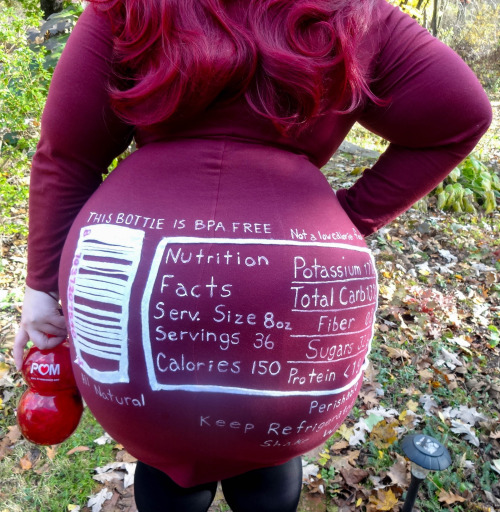 gremlin-in-training:  queenevea:  feetlips:  My Halloween Costume this year: Pom Wonderful bottle! I’ve always joked about sharing the same body type as my favorite juice, so I decided it was time for the vision to come alive. All of the front lettering