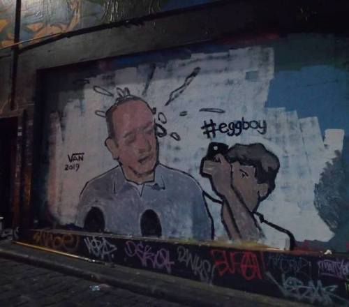 #Eggboy mural in Melbourne, depicts the moment a 17 year old cracked an egg on the head of Fraser An