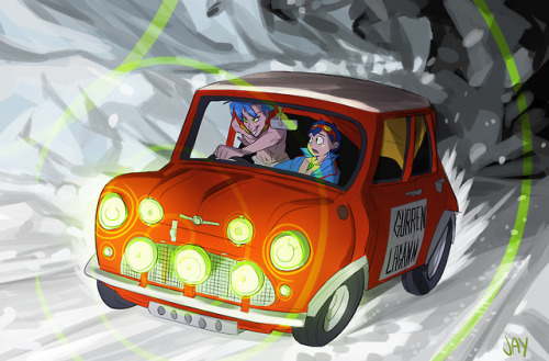 Kamina and Simon driving a spiral car in the winter!