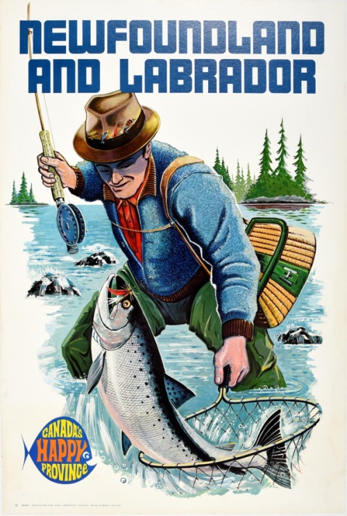 Travel poster for Newfoundland and Labrador, featuring a man using a net to catch fish and a stylise