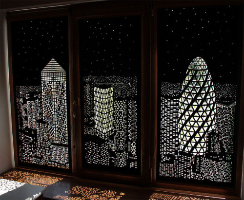 itscolossal:Buildings and Stars Cut into Blackout Curtains Turn Your Windows Into Nighttime Cityscap