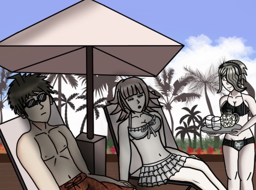 Hajime, Chiaki, And Kirumi Relax By The Pool