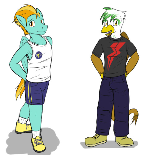 Anthro versions of Lightning Sand and Gil. If ya notice how I’m hiding the hands, it’s cause 1. they’re a pain, and 2. they get in the way when drawing clothes.  Got a bit more creative with Sand once I realized how boring the pose