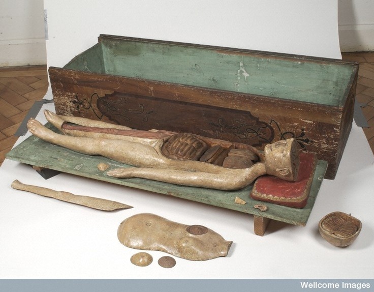 Wooden anatomical figure with removable parts and container, German, c. 1700 L0036318