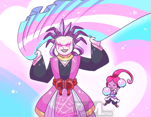 pyllymursu:
One of my favorite things about Yokai Watch’s fanbase is that fans 
all across the globe have collectively decided that Arachnia/Jorogumo is
 a trans icon, thus making a simple recolor of a character something 
much bigger and meaningfulAnyway, here’s my contribution. I’d die for her (and so would Uber Geeko/Ooyamori too, probably) #:)#yokai watch