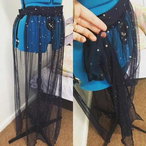 Sewing this starry mesh into a double slit skirt is a touch...