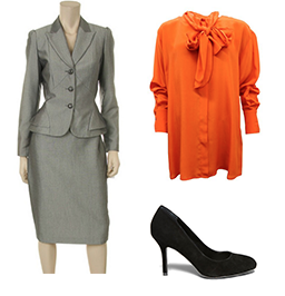 cyberho:   Steal her style: Leslie Knope after severe fall into Sullivan Street pit  Ann Taylor Grey skirt suit  ( 赼 ) vivienne Westwood Ladies Orange red bow blouse  ( 贿.99 )  Steve Madden Wynston Black pumps ( ๩.95 ) ( that’s the price