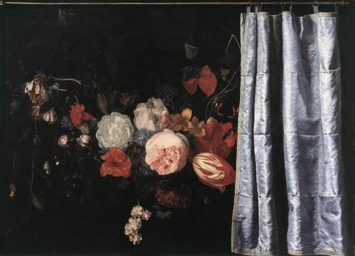 Flower Still-Life with Curtain, Adriaen van der Spelt and Frans Mieris the Elder, 1658