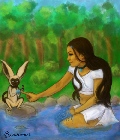 Calm Is Deep Where Quiet Waters FlowImage description: A digital painting of Katara and Momo from Av