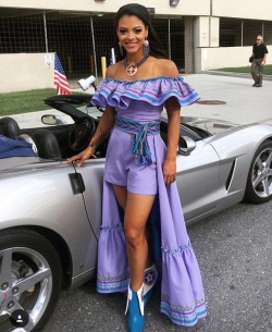 fyeahindigenousfashion:  Miss Oklahoma 2017, Triana Browne, is a citizen of the Chickasaw Nation. This weekend, she featured contemporary takes on traditional Chickasaw women’s clothing at the “Show Us Your Shoes” Parade, which Miss America contestants