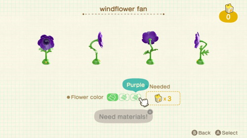 Item: windflower fan# of customizations: 3Customization names: red, pink, purpleCustom kits needed: 