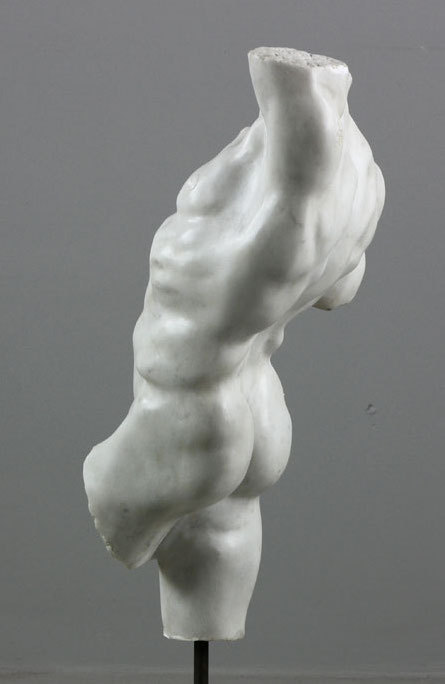 aucelo:  19th century Italian classical sculpture of a male torso, marble, unsigned, on marble stand, 23 ¼´´ h (sculpture). From a Rome estate. Kaminski Auctions, Oct. 2016