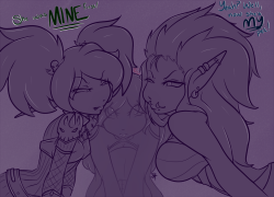 A sketch that I may or may not finishAnd will probably just redo if I decide to finish it! Lolipop and Nasyaa fighting over &lsquo;ownership&rsquo; of Madii Lolipop belongs to manda-monsterMadii and Nasyaa are mine