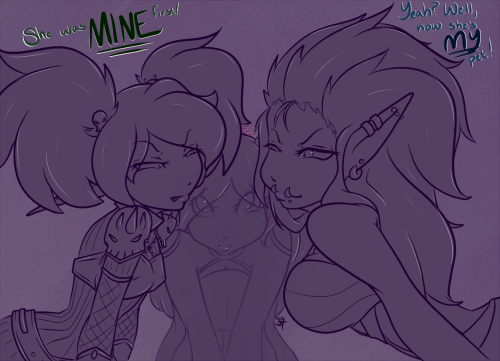 A sketch that I may or may not finishAnd will probably just redo if I decide to finish it! Lolipop and Nasyaa fighting over ‘ownership’ of Madii Lolipop belongs to manda-monsterMadii and Nasyaa are mine