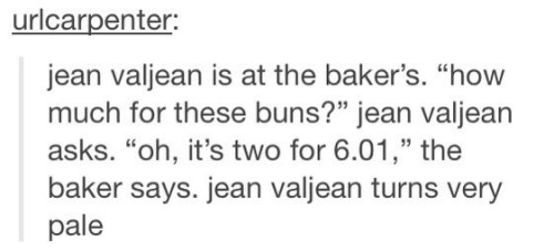 abonle: The baker is Javert. He breaks open a 3 foot baguette to get his sword. Jean reaches into a 