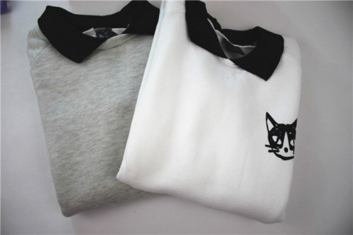 Cat Pattern Long Sleeve Sweatshirt with Contrast Collar and Cuff