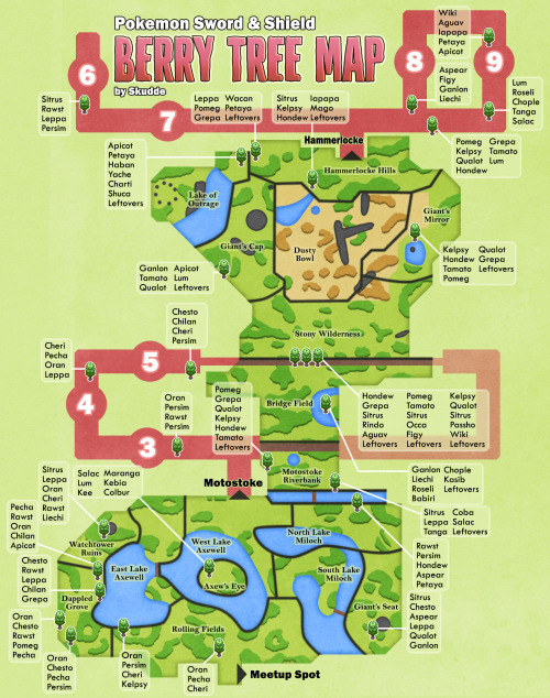 tunnaa-unnaa: SwSh Berry Tree map! Includes all trees both in the Wild Area and on routes with their