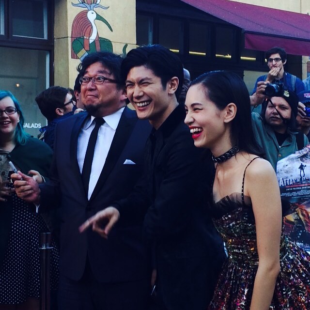 Director Higuchi Shinji, Miura Haruma (Eren), and Mizuhara Kiko (Mikasa) at the world