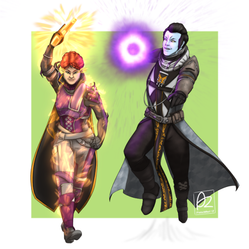 Commission for @seigephoenix of Kura, her Hunter and Ajun, @crazy-bone-lady’s Warlock! Th