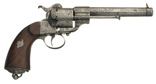 Engraved Lefaucheux pinfire revolver, originates from Belguim, mid 19th century.