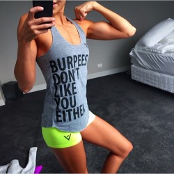 kaylaitsines:  Hahahha this top is hilarious “burpees don’t like you either” 😝 off to my @fresh_fitness_aus 💪💪 (my adelaide Bootcamp) www.kaylaitsines.com/guides