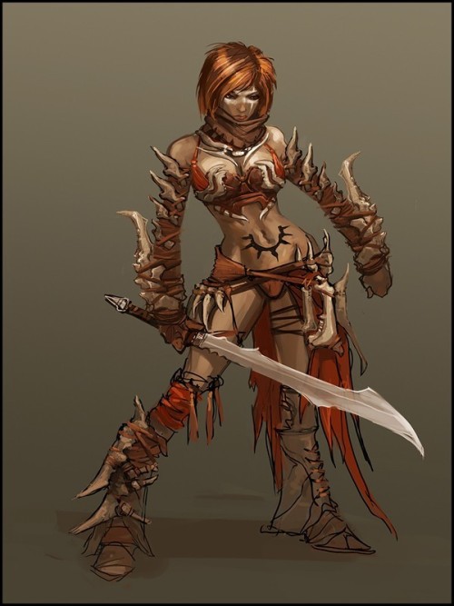 Illustrations of Tyris Flare in Golden Axe: Beast Rider.
